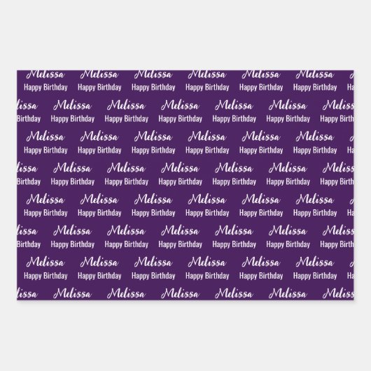 Happy Birthday Dark Lila und White Name Muster Geschenkpapier Set (Vorderseite)