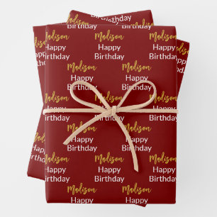 Happy Birthday Dark Red White Gold Script Name Geschenkpapier Set