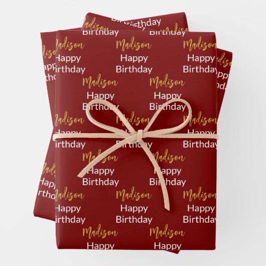 Happy Birthday Dark Red White Gold Script Name Geschenkpapier Set (Beispiel)