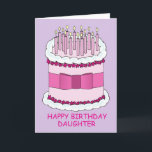 Happy Birthday Daughter Cake und Candles Karte<br><div class="desc">Eine Abbildung eines weißen und rosa Kuchens,  Set vor einem mauvfarbenen Hintergrund. Der Kuchen ist mit hellrosa Kerzen bedeckt und hat einen rosa Bogen um ihn herum gefesselt. Die Worte "Happy Birthday Daughter" begleiten das Bild.</div>