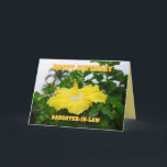 Happy Birthday Daughter-in-Law Deep Yellow Hibiscu Karte<br><div class="desc">Diese Karte mit einem tiefgelben Hibiskus mit weißem Hals ist für viele Gelegenheiten perfekt geeignet. Im Hintergrund befindet sich ein tropischer Garten mit Kokospalmen. Auf der Rückseite der Karte ist ein wunderschöner rosa Hibiskus.</div>