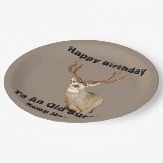 Happy Birthday Deer Buck Antlers Old Funny Junting Pappteller (Schrägansicht)