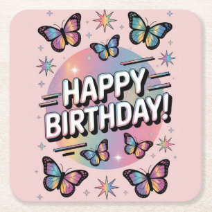 Happy Birthday Design mit farbenfrohen Schmetterli Rechteckiger Pappuntersetzer