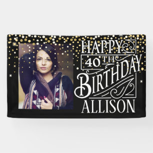 Happy Birthday Design mit goldenem Konfetti Banner