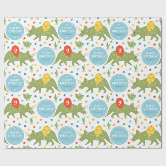 Happy Birthday Dinosaur Triceratops Name Age Geschenkpapier (Flach)