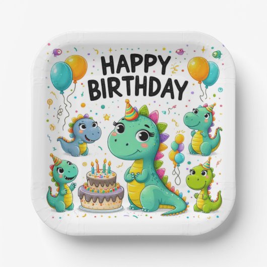 Happy Birthday Dinosaurier Pappteller (Vorderseite)