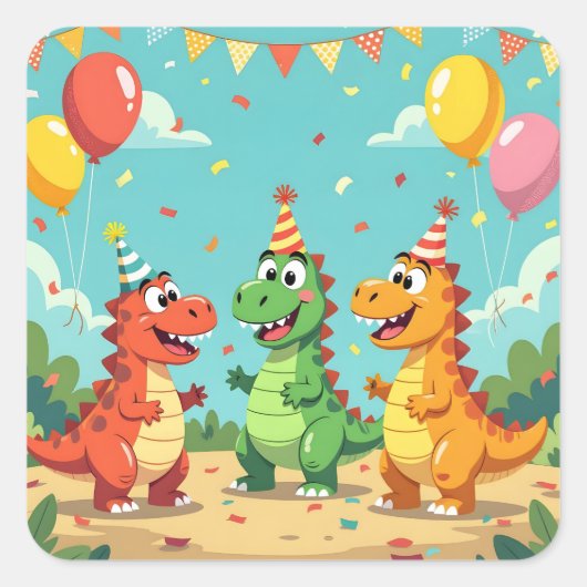 Happy birthday dinosaurs theme quadratischer aufkleber (Vorderseite)