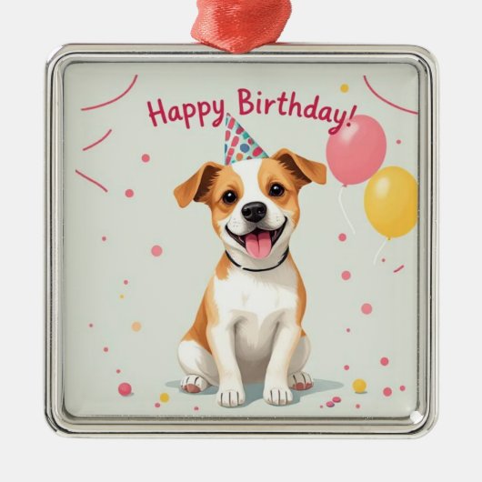 Happy Birthday Dog with Party Hat & Balloons Ornament Aus Metall (Vorne)