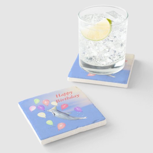 Happy Birthday Dolphin Steinuntersetzer (Seitenansicht)