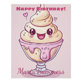 Happy Birthday Dondurma Ice-Creme Kawaii Cartoon Poster