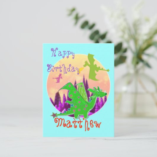 Happy Birthday Dragon Postcard mit Name Postkarte (Stehend Vorderseite)
