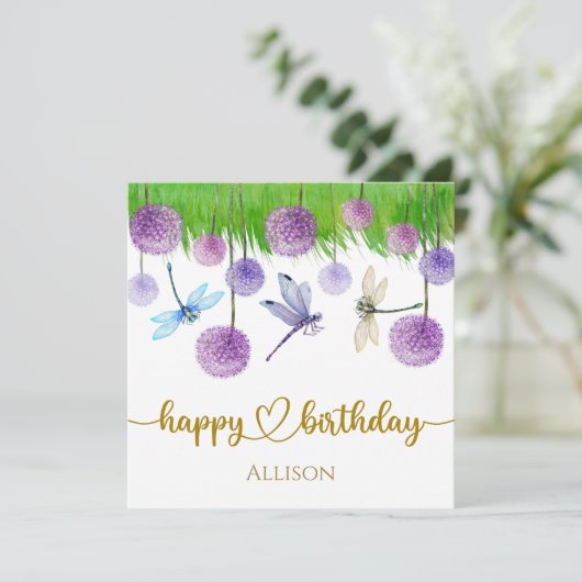 Happy Birthday Dragonflies Wilde Blume Wasserfarbe Karte (Stehend Vorderseite)