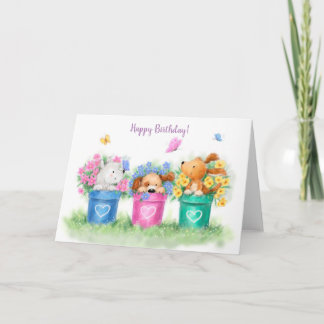 Happy Birthday, Drei Hunde in drei Blume Pots Karte
