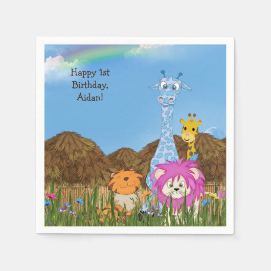 Happy Birthday Dschungel Tiere mit Hütten Serviette (Vorderseite)
