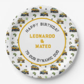 Happy Birthday Dynamic Duo Monster Truck Twin Boys Pappteller (Vorderseite)