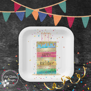"Happy Birthday" Ebenenkuchen mit Gold und Confett Pappteller