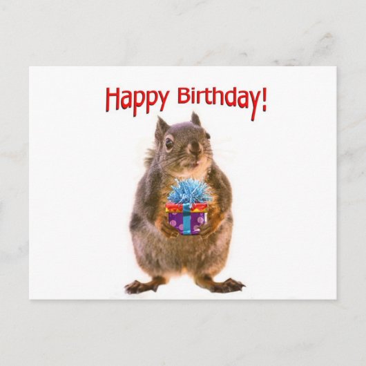 Happy Birthday Eichhörnchen mit Gegenwart Postkarte (Vorderseite)