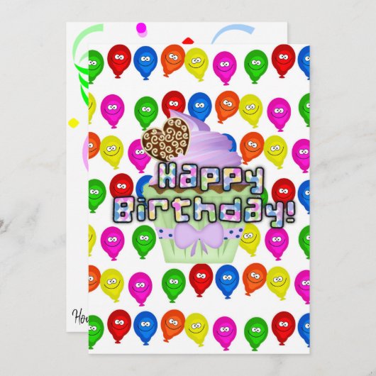 Happy Birthday Einladung Balloons Cupcakes (Vorne/Hinten)