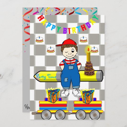 Happy Birthday Einladung Boy Trains (Vorne/Hinten)