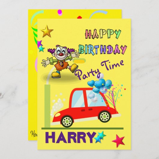 Happy Birthday Einladung Clown Car Gelb (Vorne/Hinten)