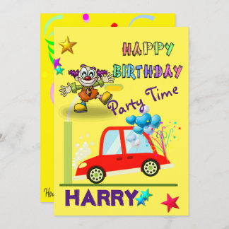 Happy Birthday Einladung Clown Car Gelb