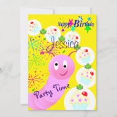 Happy Birthday Einladung Pink Worm Cupcakes (Vorderseite)