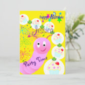 Happy Birthday Einladung Pink Worm Cupcakes (Stehend Vorderseite)