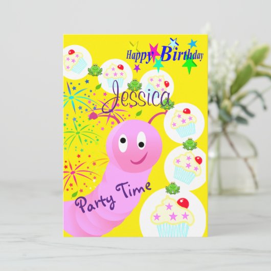 Happy Birthday Einladung Pink Worm Cupcakes (Stehend Vorderseite)