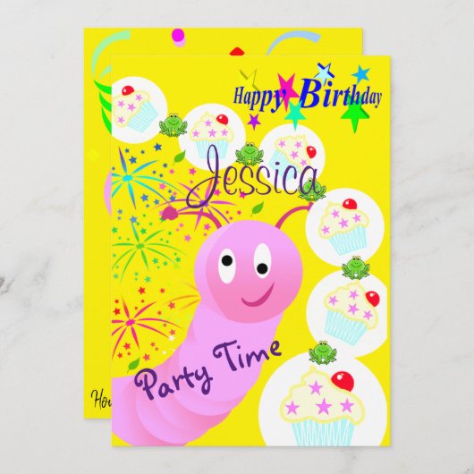 Happy Birthday Einladung Pink Worm Cupcakes (Vorne/Hinten)