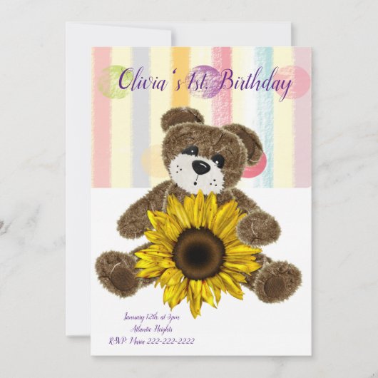 Happy Birthday Einladung Teddy Bear Pastel Streife (Vorderseite)