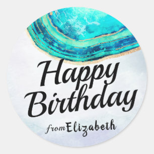 Happy Birthday Elegant Aquamarin Gold Agate Geode Runder Aufkleber