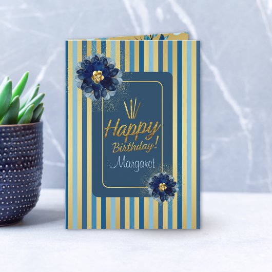 Happy Birthday Elegante Blue Gold Floral Customize Karte