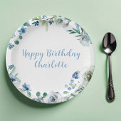 Happy Birthday Elegante Blue White Floral Party Pappteller