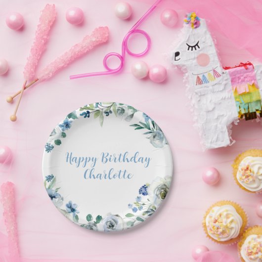 Happy Birthday Elegante Blue White Floral Party Pappteller (Party)