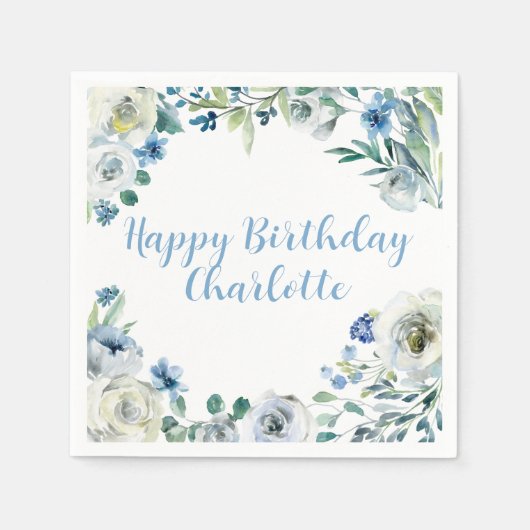 Happy Birthday Elegante Blue White Floral Party Serviette (Vorderseite)