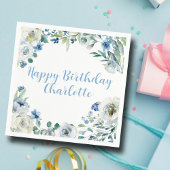 Happy Birthday Elegante Blue White Floral Party Serviette