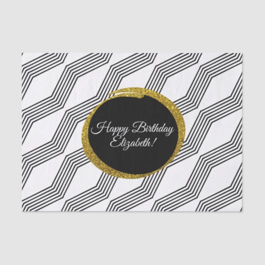Happy Birthday Elegante Gold Glitzer Schwarz-weiß Seidenpapier (Vorderseite)