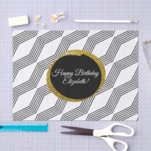 Happy Birthday Elegante Gold Glitzer Schwarz-weiß Seidenpapier
