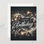 "Happy Birthday": Elegantes Schwarzes Design Postk Postkarte (Vorne/Hinten)