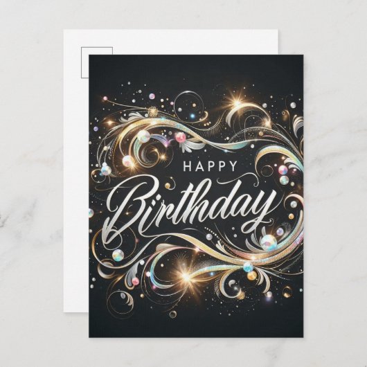 "Happy Birthday": Elegantes Schwarzes Design Postk Postkarte (Vorne/Hinten)