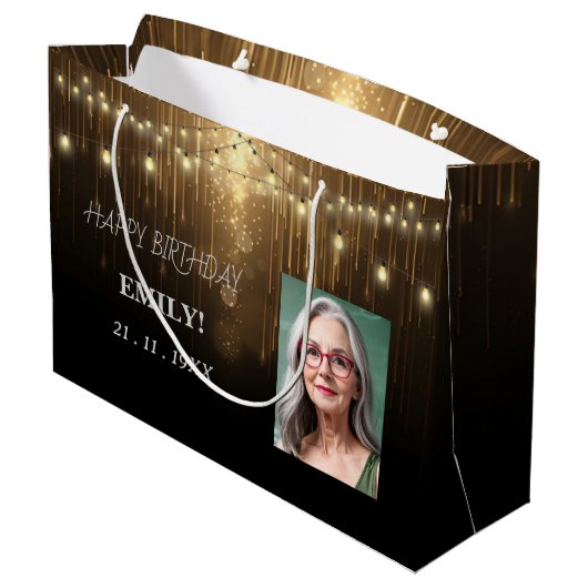 Happy Birthday Elegantes Schwarzes Party Moderner Große Geschenktüte (Rückseite Schrägansicht)