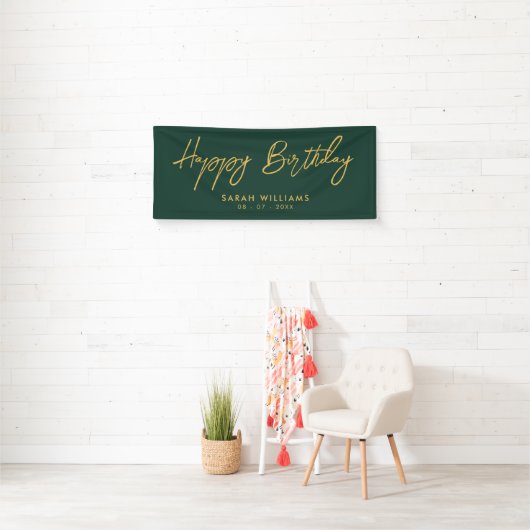 Happy Birthday Emerald Green Gold Modern Script Banner (Insitu)