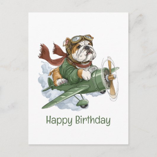 Happy Birthday English Bulldog Pilot Flugzeug Postkarte (Vorderseite)
