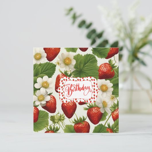 Happy Birthday Erdbeeren, Blätter und Blume (Stehend Vorderseite)