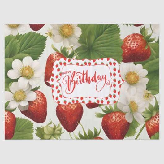 Happy Birthday Erdbeeren, Blätter und Blume Seidenpapier (Vorderseite)