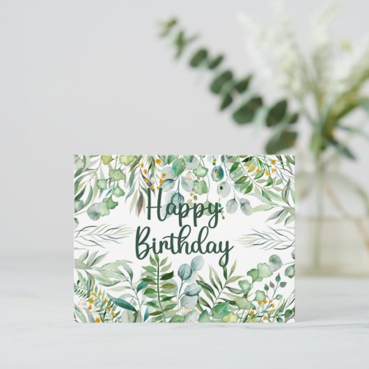 Happy Birthday Eucalyptus Blätter und Grüne Pflanz Postkarte (Stehend Vorderseite)