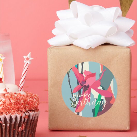 Happy Birthday farbenfroh Pink Magnolia Abstrakt Runder Aufkleber (Party)