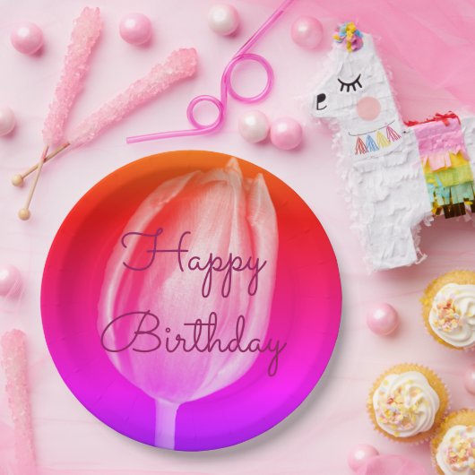 Happy Birthday Farbenfrohe Blume Tulips Lila Pappteller (Party)