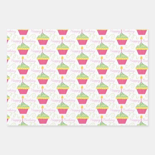 Happy Birthday farbenfrohe Cupcakes Geschenkpapier Set (Vorderseite 2)