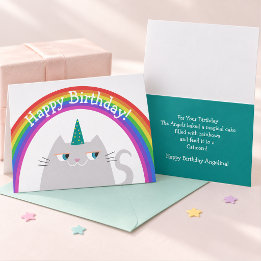 Happy Birthday farbenfrohe Einhorn-Katze und Regen Karte